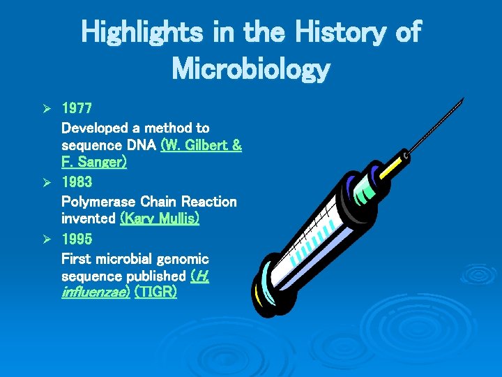 Highlights in the History of Microbiology 1977 Developed a method to sequence DNA (W.