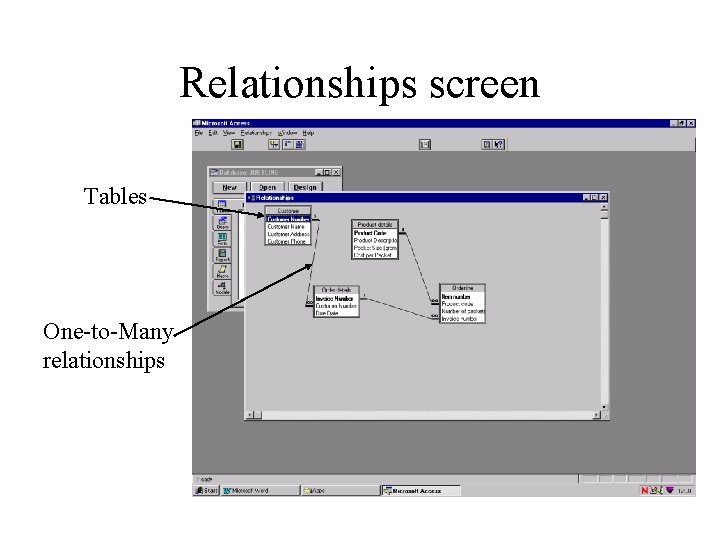 Relationships screen Tables One-to-Many relationships 