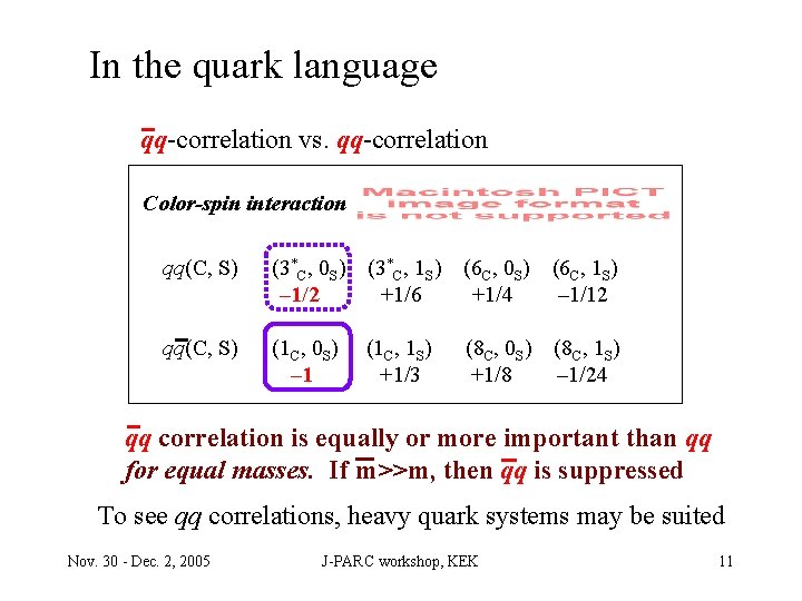 In the quark language qq-correlation vs. qq-correlation Color-spin interaction qq(C, S) (3*C, 0 S)