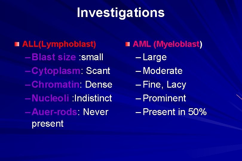 Investigations ALL(Lymphoblast) – Blast size : small – Cytoplasm: Scant – Chromatin: Dense –