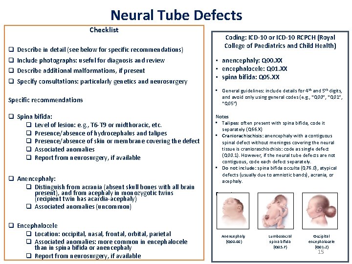 Neural Tube Defects Checklist q Describe in detail (see below for specific recommendations) q