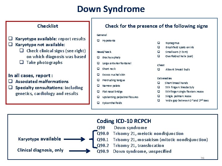 Down Syndrome Checklist q Karyotype available: report results q Karyotype not available: q Check