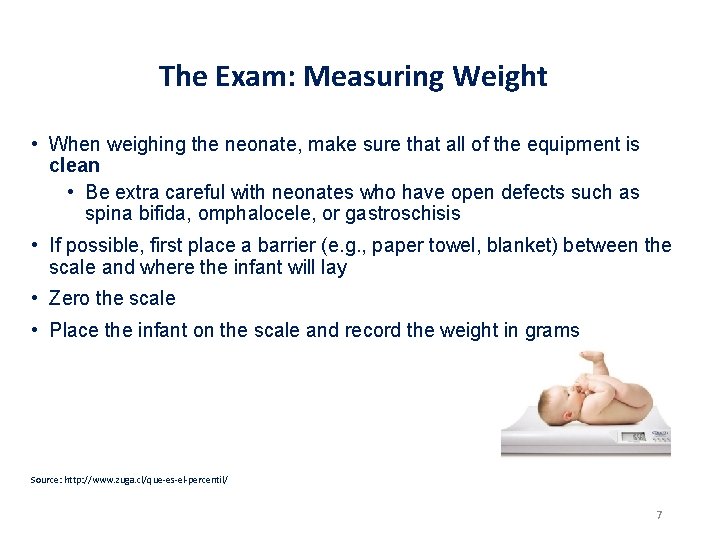 The Exam: Measuring Weight • When weighing the neonate, make sure that all of