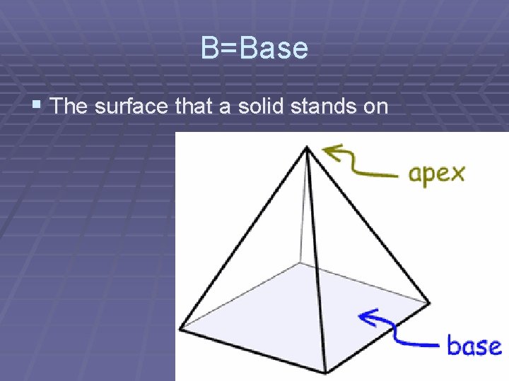 B=Base § The surface that a solid stands on 