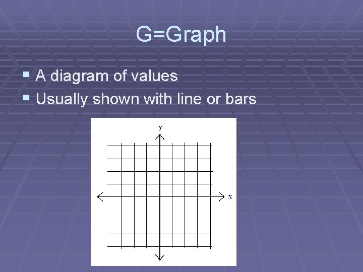 G=Graph § A diagram of values § Usually shown with line or bars 