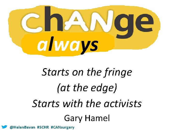 always Starts on the fringe (at the edge) Starts with the activists Gary Hamel