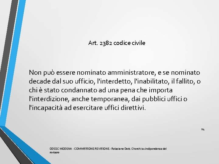 Art. 2382 codice civile Non può essere nominato amministratore, e se nominato decade dal