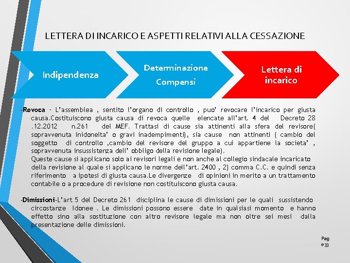 LETTERA DI INCARICO E ASPETTI RELATIVI ALLA CESSAZIONE Indipendenza Determinazione Compensi Lettera di incarico