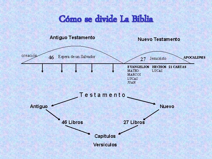 Cómo se divide La Biblia Antiguo Testamento creación 46 Nuevo Testamento Espera de un