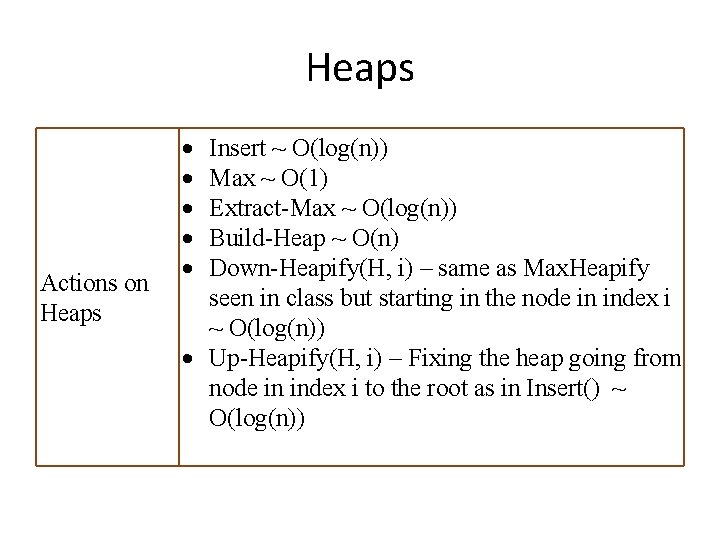 Heaps Actions on Heaps Insert ~ O(log(n)) Max ~ O(1) Extract-Max ~ O(log(n)) Build-Heap