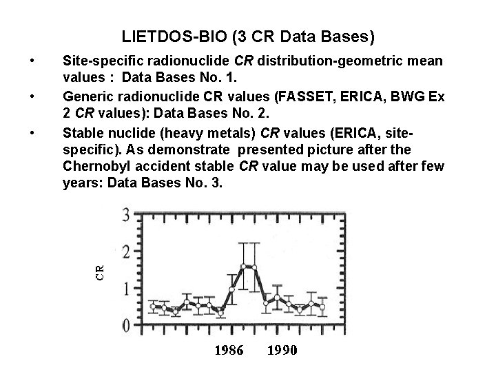 LIETDOS-BIO (3 CR Data Bases) • • • Site-specific radionuclide CR distribution-geometric mean values