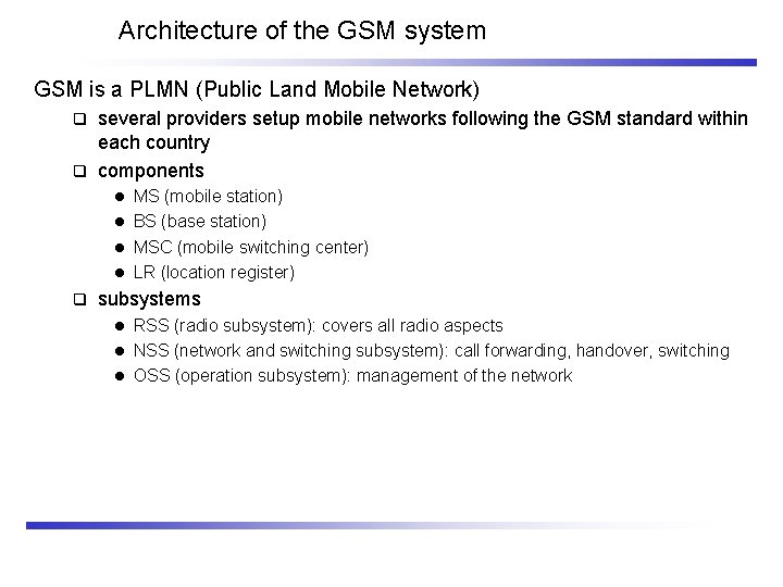Architecture of the GSM system GSM is a PLMN (Public Land Mobile Network) several