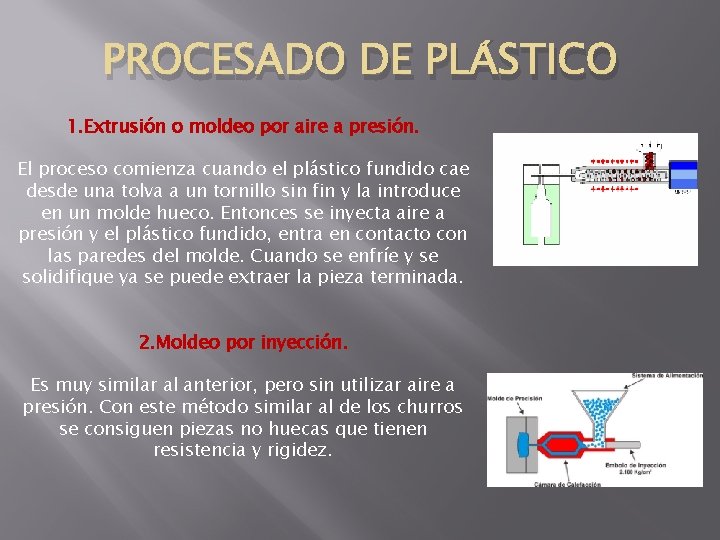 PROCESADO DE PLÁSTICO 1. Extrusión o moldeo por aire a presión. El proceso comienza