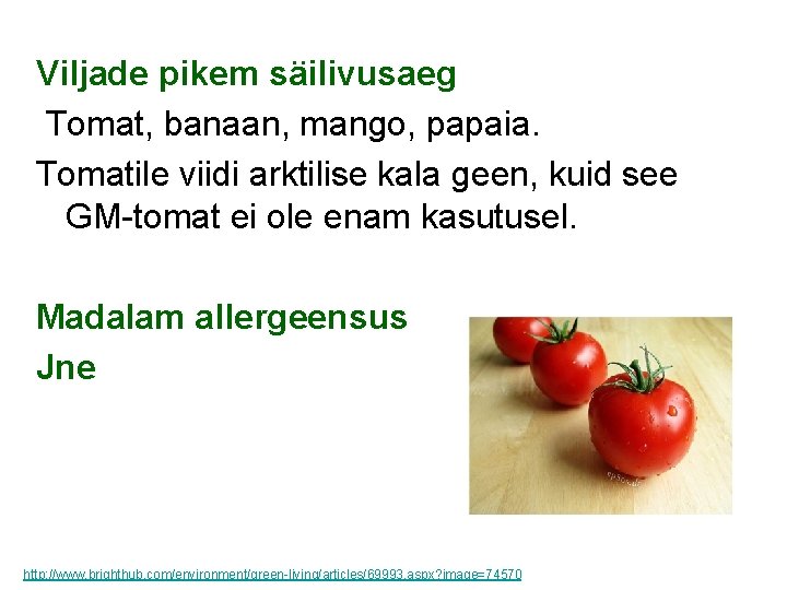 Viljade pikem säilivusaeg Tomat, banaan, mango, papaia. Tomatile viidi arktilise kala geen, kuid see