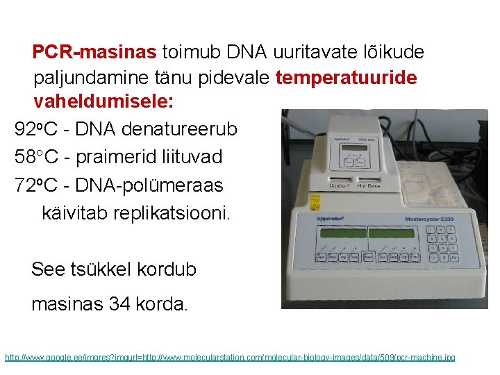  PCR-masinas toimub DNA uuritavate lõikude paljundamine tänu pidevale temperatuuride vaheldumisele: 92 o. C