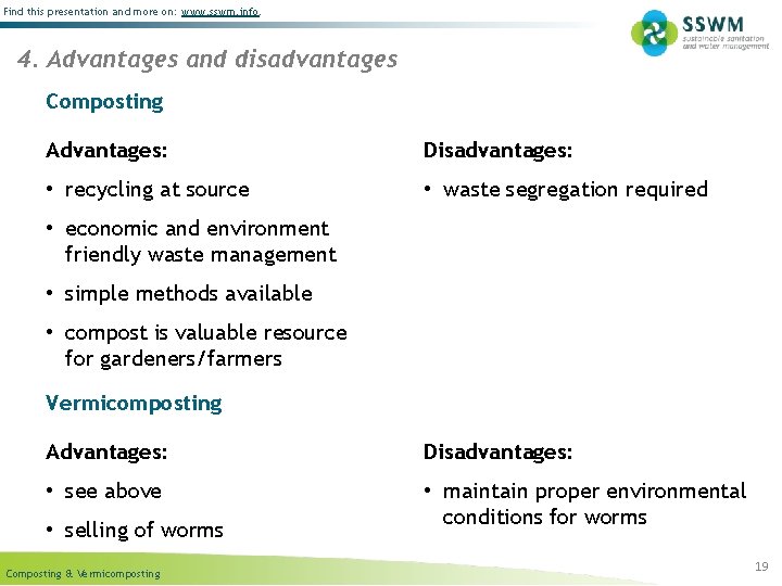 Find this presentation and more on: www. sswm. info. 4. Advantages and disadvantages Composting