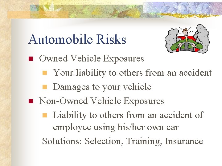 Automobile Risks n n Owned Vehicle Exposures n Your liability to others from an