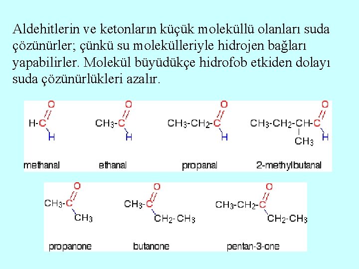 Aldehitlerin ve ketonların küçük moleküllü olanları suda çözünürler; çünkü su molekülleriyle hidrojen bağları yapabilirler.