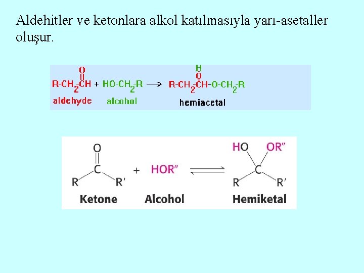 Aldehitler ve ketonlara alkol katılmasıyla yarı-asetaller oluşur. 