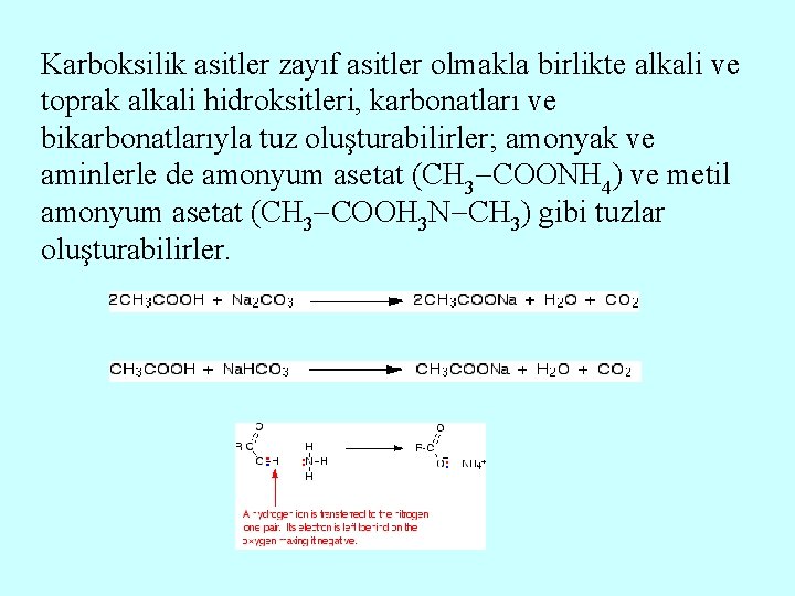 Karboksilik asitler zayıf asitler olmakla birlikte alkali ve toprak alkali hidroksitleri, karbonatları ve bikarbonatlarıyla