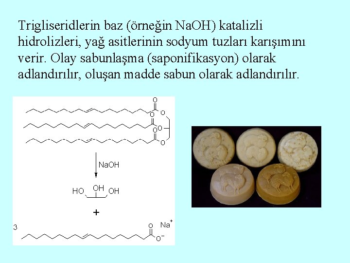 Trigliseridlerin baz (örneğin Na. OH) katalizli hidrolizleri, yağ asitlerinin sodyum tuzları karışımını verir. Olay