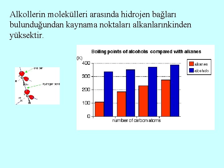 Alkollerin molekülleri arasında hidrojen bağları bulunduğundan kaynama noktaları alkanlarınkinden yüksektir. 