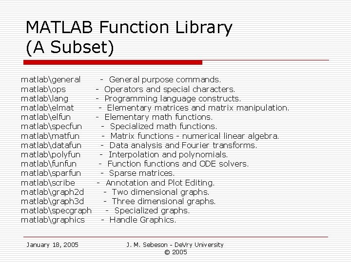 MATLAB Function Library (A Subset) matlabgeneral matlabops matlablang matlabelmat matlabelfun matlabspecfun matlabmatfun matlabdatafun matlabpolyfun MATLAB Function Library (A Subset) matlabgeneral matlabops matlablang matlabelmat matlabelfun matlabspecfun matlabmatfun matlabdatafun matlabpolyfun