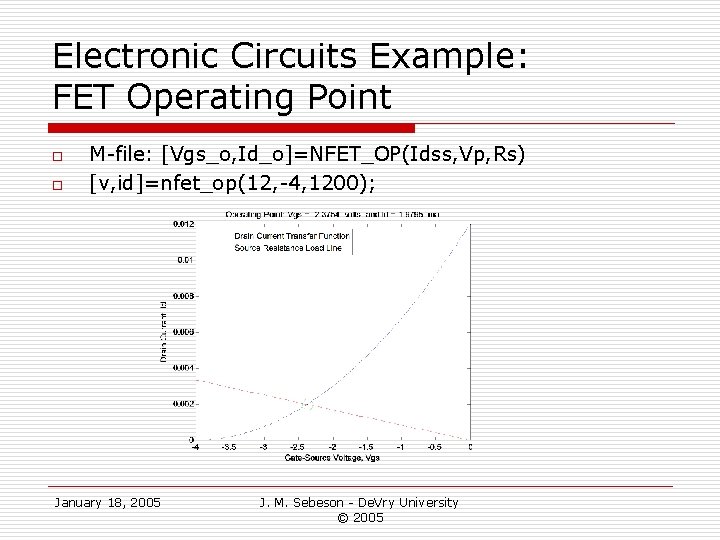 Electronic Circuits Example: FET Operating Point o o M-file: [Vgs_o, Id_o]=NFET_OP(Idss, Vp, Rs) [v,