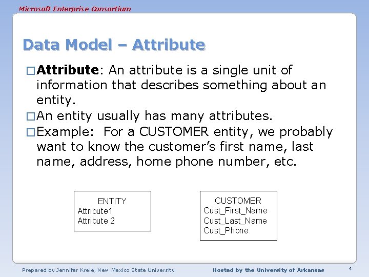 Microsoft Enterprise Consortium Data Model – Attribute � Attribute: An attribute is a single Microsoft Enterprise Consortium Data Model – Attribute � Attribute: An attribute is a single