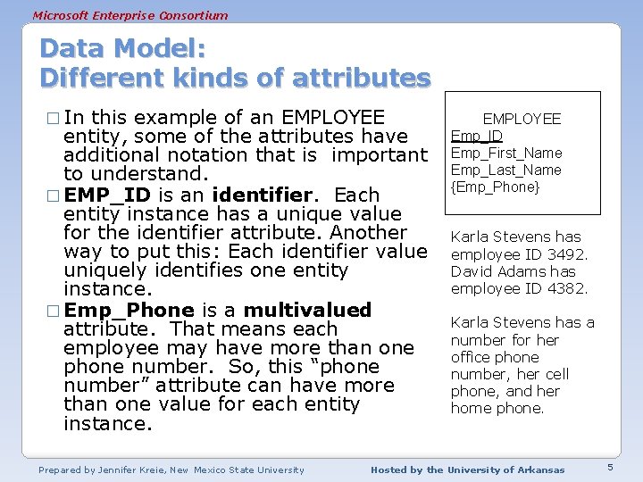 Microsoft Enterprise Consortium Data Model: Different kinds of attributes � In this example of Microsoft Enterprise Consortium Data Model: Different kinds of attributes � In this example of