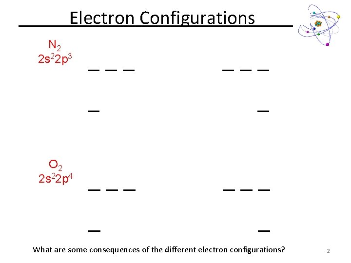 Electron Configurations N 2 2 s 22 p 3 O 2 2 s 22