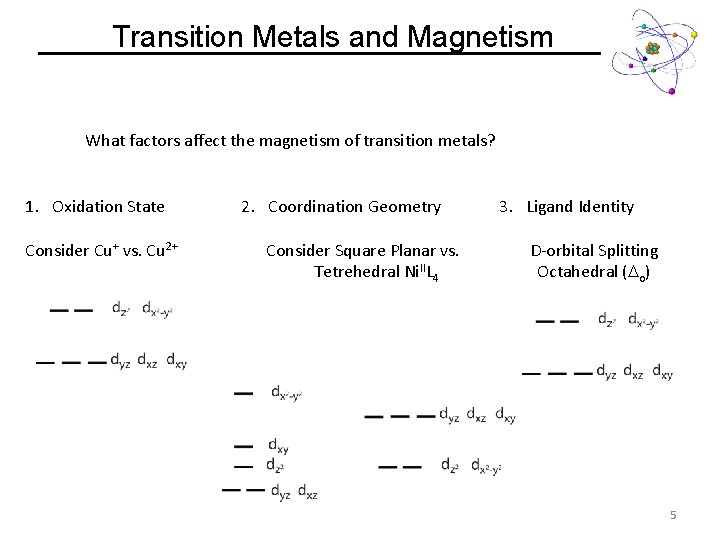 Transition Metals and Magnetism What factors affect the magnetism of transition metals? 1. Oxidation