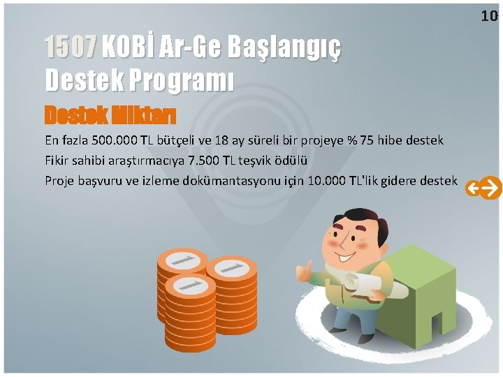 10 1507 KOBİ Ar-Ge Başlangıç Destek Programı Destek Miktarı En fazla 500. 000 TL