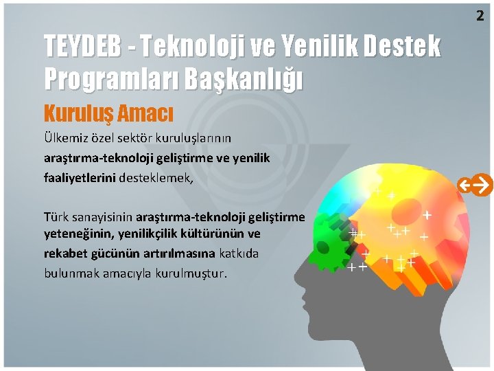 2 TEYDEB - Teknoloji ve Yenilik Destek Programları Başkanlığı Kuruluş Amacı Ülkemiz özel sektör