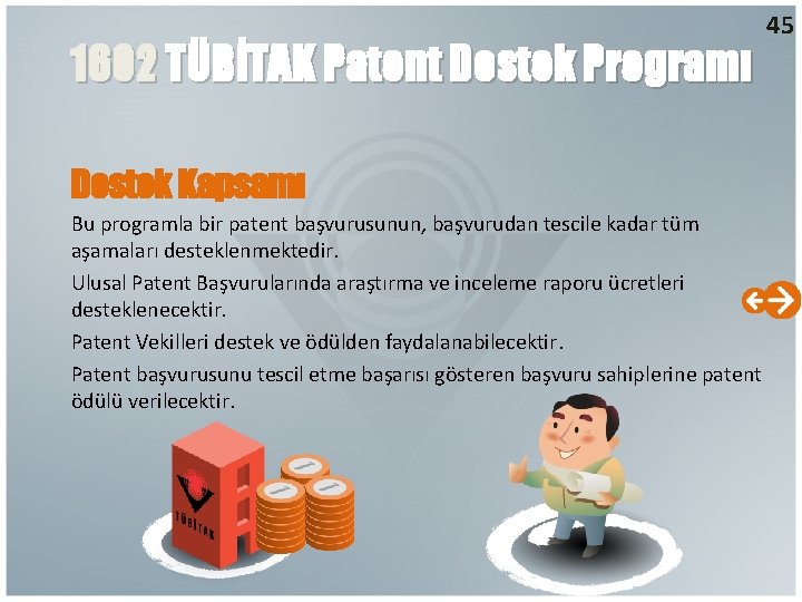 1602 TÜBİTAK Patent Destek Programı 45 Destek Kapsamı Bu programla bir patent başvurusunun, başvurudan