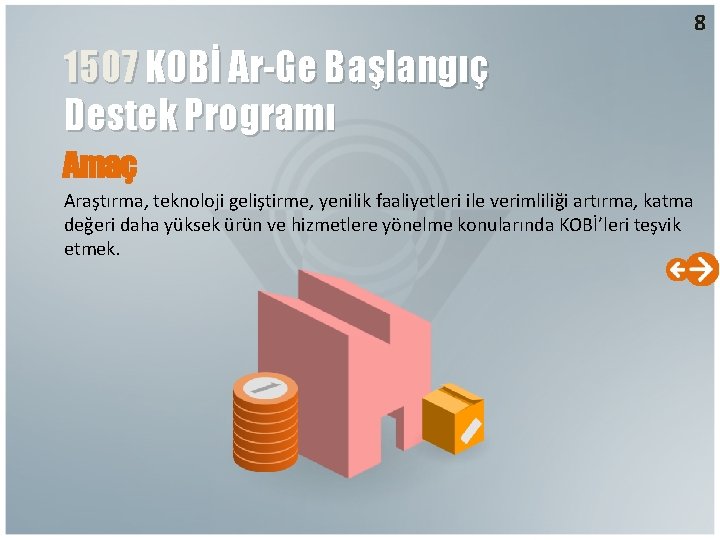 8 1507 KOBİ Ar-Ge Başlangıç Destek Programı Amaç Araştırma, teknoloji geliştirme, yenilik faaliyetleri ile