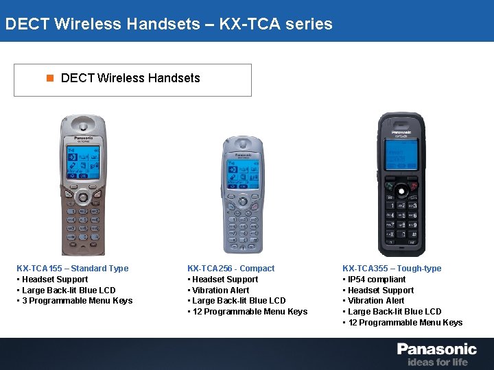 DECT Wireless Handsets – KX-TCA series n DECT Wireless Handsets KX-TCA 155 – Standard