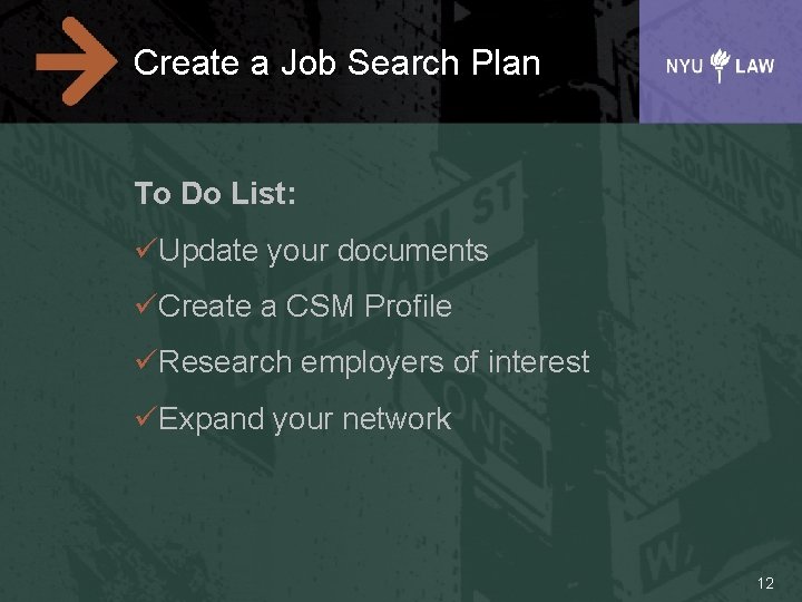 Create a Job Search Plan To Do List: Update your documents Create a CSM