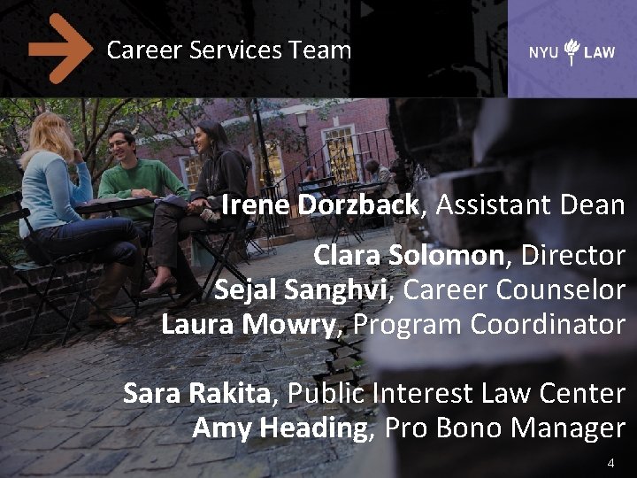 Career Services Team Irene Dorzback, Assistant Dean Clara Solomon, Director Sejal Sanghvi, Career Counselor