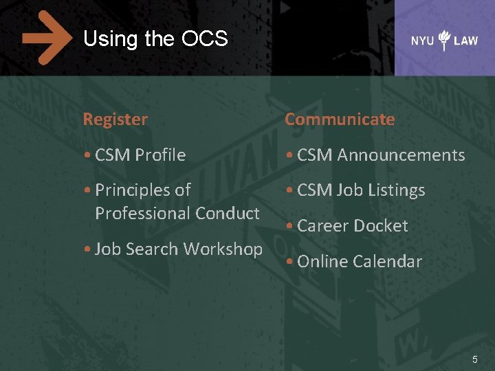 Using the OCS Register Communicate • CSM Profile • CSM Announcements • Principles of