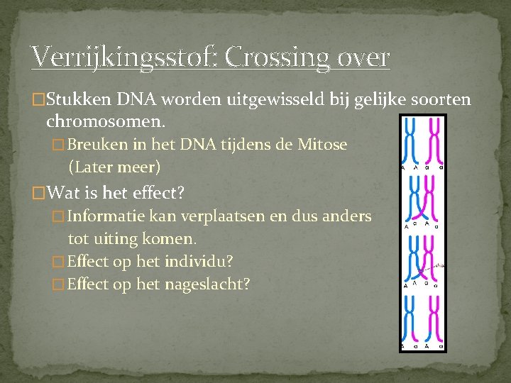 Verrijkingsstof: Crossing over �Stukken DNA worden uitgewisseld bij gelijke soorten chromosomen. � Breuken in