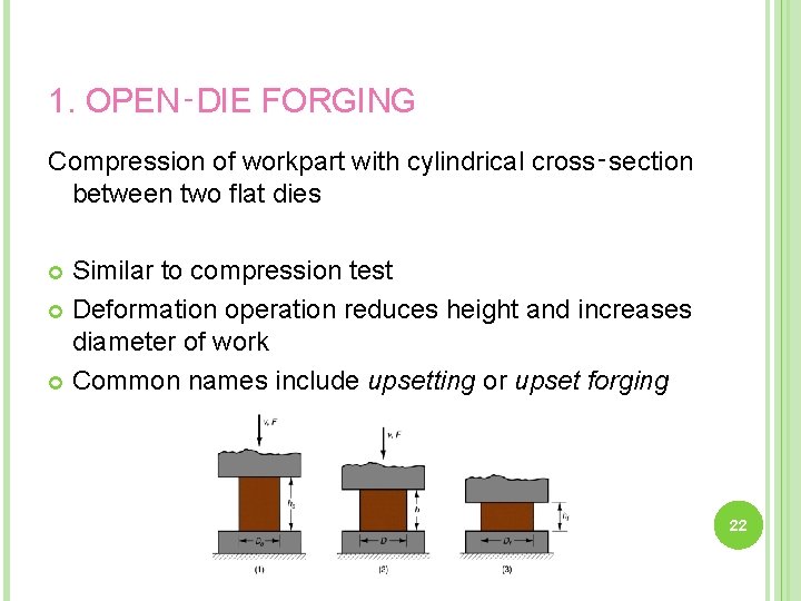 1. OPEN‑DIE FORGING Compression of workpart with cylindrical cross‑section between two flat dies Similar