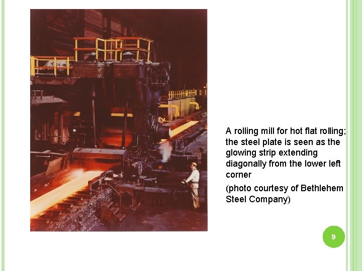 A rolling mill for hot flat rolling; the steel plate is seen as the