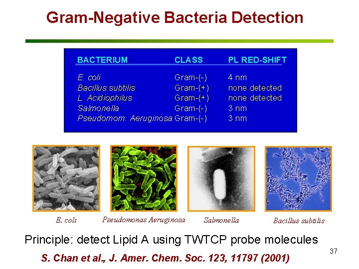 Gram-Negative Bacteria Detection BACTERIUM CLASS PL RED-SHIFT E. coli Gram-(-) Bacillus subtilis Gram-(+) L.