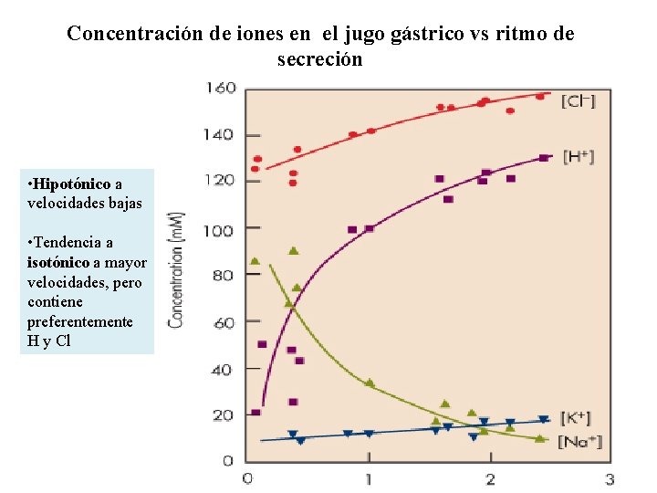 Concentración de iones en el jugo gástrico vs ritmo de secreción • Hipotónico a