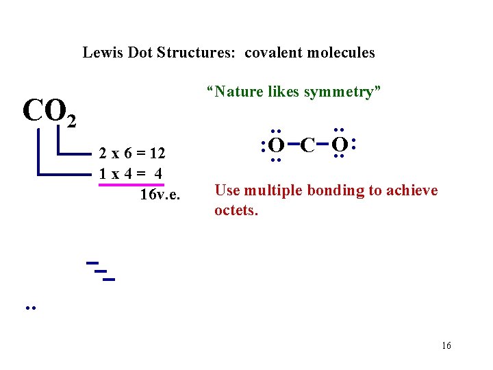 Lewis Dot Structures: covalent molecules “Nature likes symmetry” CO 2 2 x 6 =