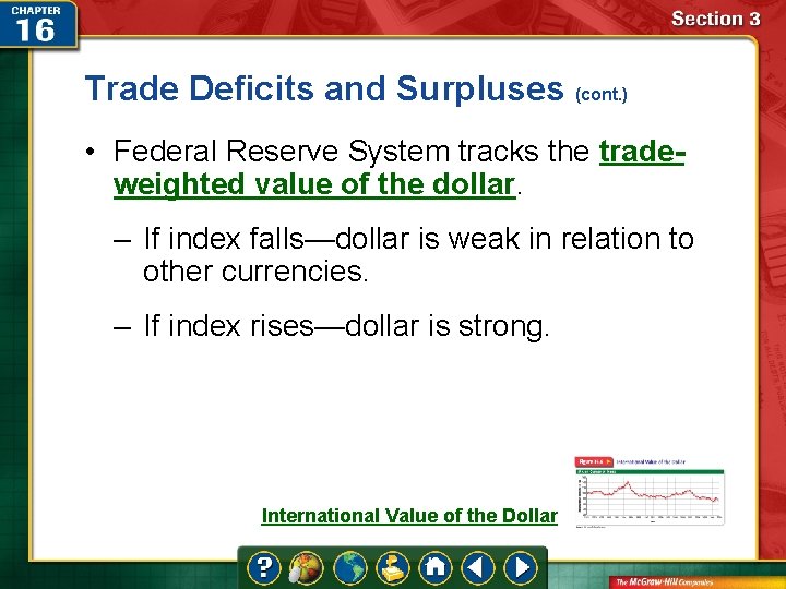 Trade Deficits and Surpluses (cont. ) • Federal Reserve System tracks the tradeweighted value