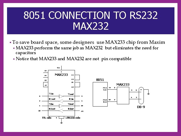 8051 CONNECTION TO RS 232 MAX 232 • To save board space, some designers