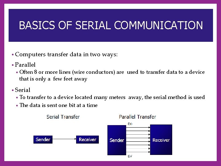 BASICS OF SERIAL COMMUNICATION • Computers transfer data in two ways: • Parallel •