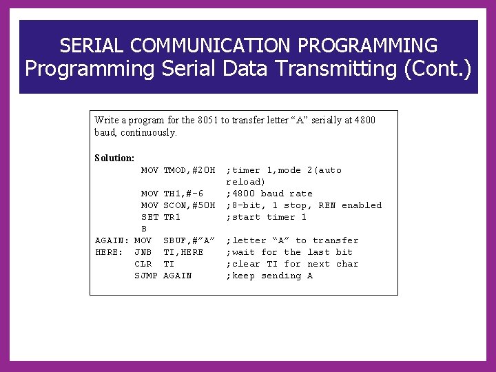 SERIAL COMMUNICATION PROGRAMMING Programming Serial Data Transmitting (Cont. ) Write a program for the